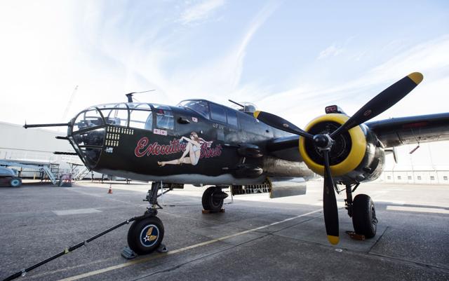 A B-25 vintage World War II plane is on site to be painted Wednesday, November 10, 2021, at Chennault International Airport in Lake Charles, La. STAFF PHOTO BY LESLIE WESTBROOK