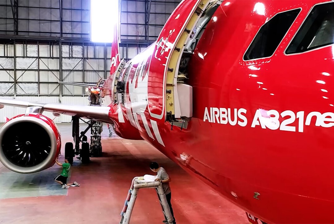 Airbus aircraft being painted at Landlocked Aviation in Chennault Park